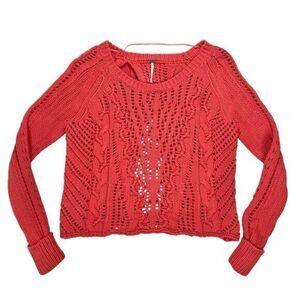 Free People Crossback Sweater Sz M Coral Open Chunky Cable Knit Bohemian Casual
